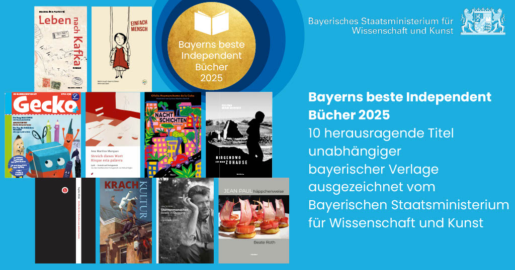 Eine Collage der Buchcover von Bayerns besten Independent Büchern des Jahres 2025 (© StMWK)
